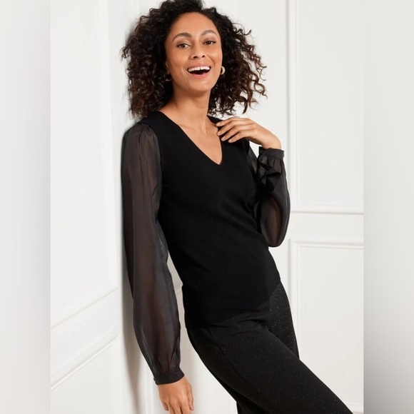 Talbots | Black Metallic Woven Sleeve V-Neck Pullover Size Large Event Evening - Picture 1 of 8